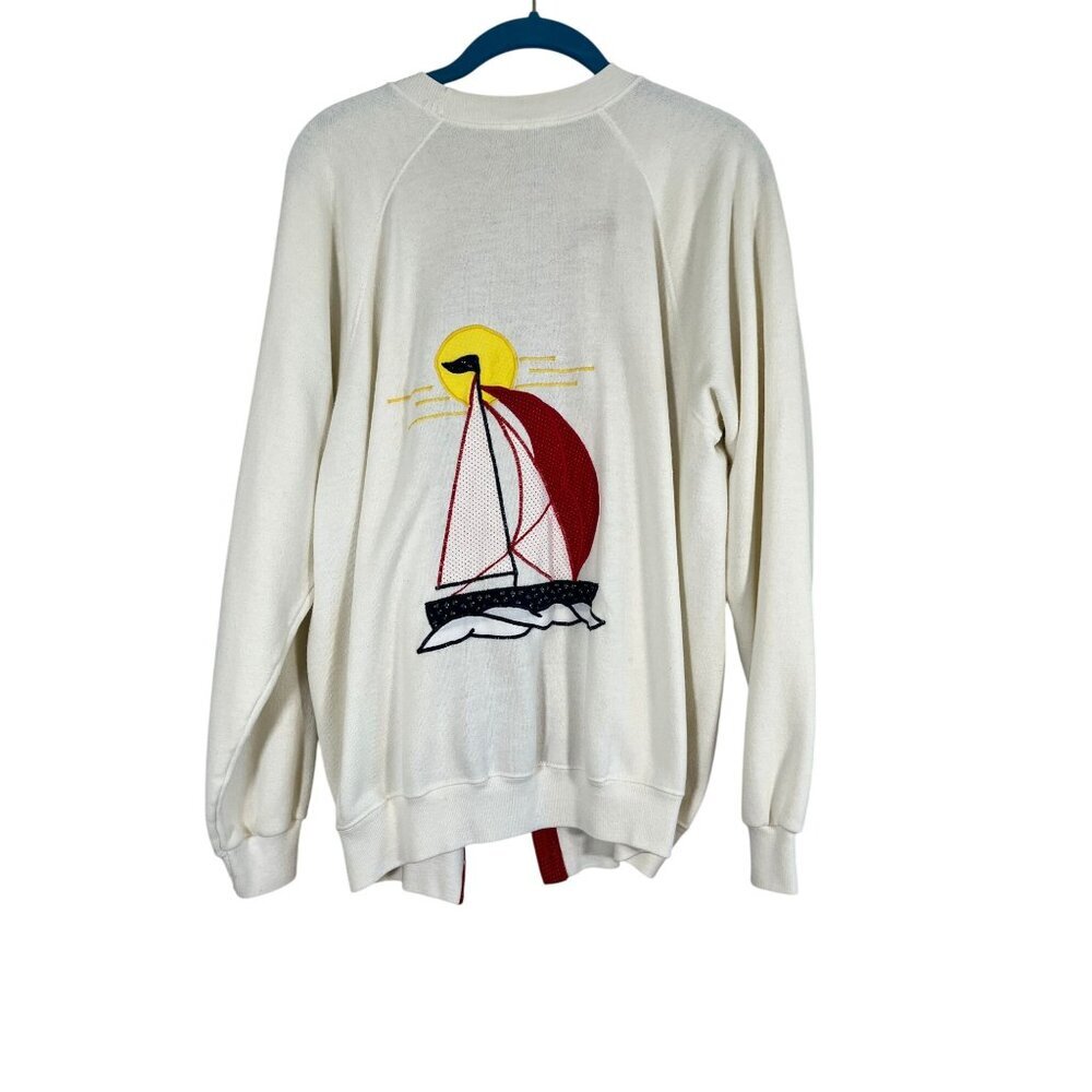 Vintage Handmade Cardigan Sailboat L Cream Retro Polka Dot Nautical Preppy 70s